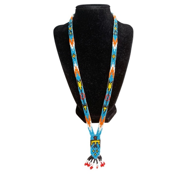Vintage Native American Beaded Thunderbird Long Fringe Necklace - Picture 1 of 6